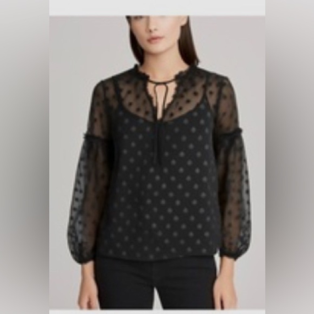 CALLIGRAPHIE elegant sheer appliqué black blouse. Billowing sleeves. Size large